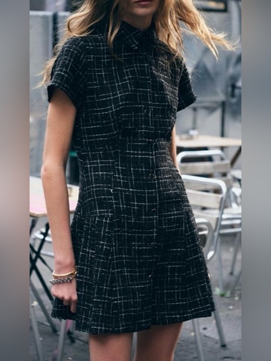 Zara Dresses & Skirts - NWT ZARA Textured Short Dress Black & White Tweed Check Short Sleeve Mini Sz M